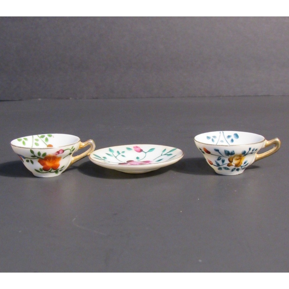 Vintage Nico Japan Miniature Teacup Saucer Set Hand Painted Floral Gold 3pc